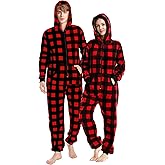 Loiahoer Unisex Adults Buffalo Plaid Onesie Pajamas Hooded Christmas PJS for Family Jumpsuit Thermal with Pockets Zipper