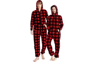 Loiahoer Unisex Adults Buffalo Plaid Onesie Pajamas Hooded Christmas PJS for Family Jumpsuit Thermal with Pockets Zipper