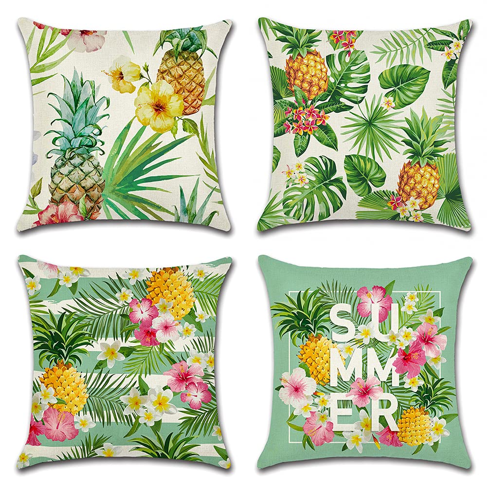 Artscope Set of 4 Decorative Cushion Covers 45x45cm, Tropical Plants and Pineapple Waterproof Throw Pillow Covers, Perfect to Outdoor Patio Garden Bench Living Room Sofa Farmhouse Decor