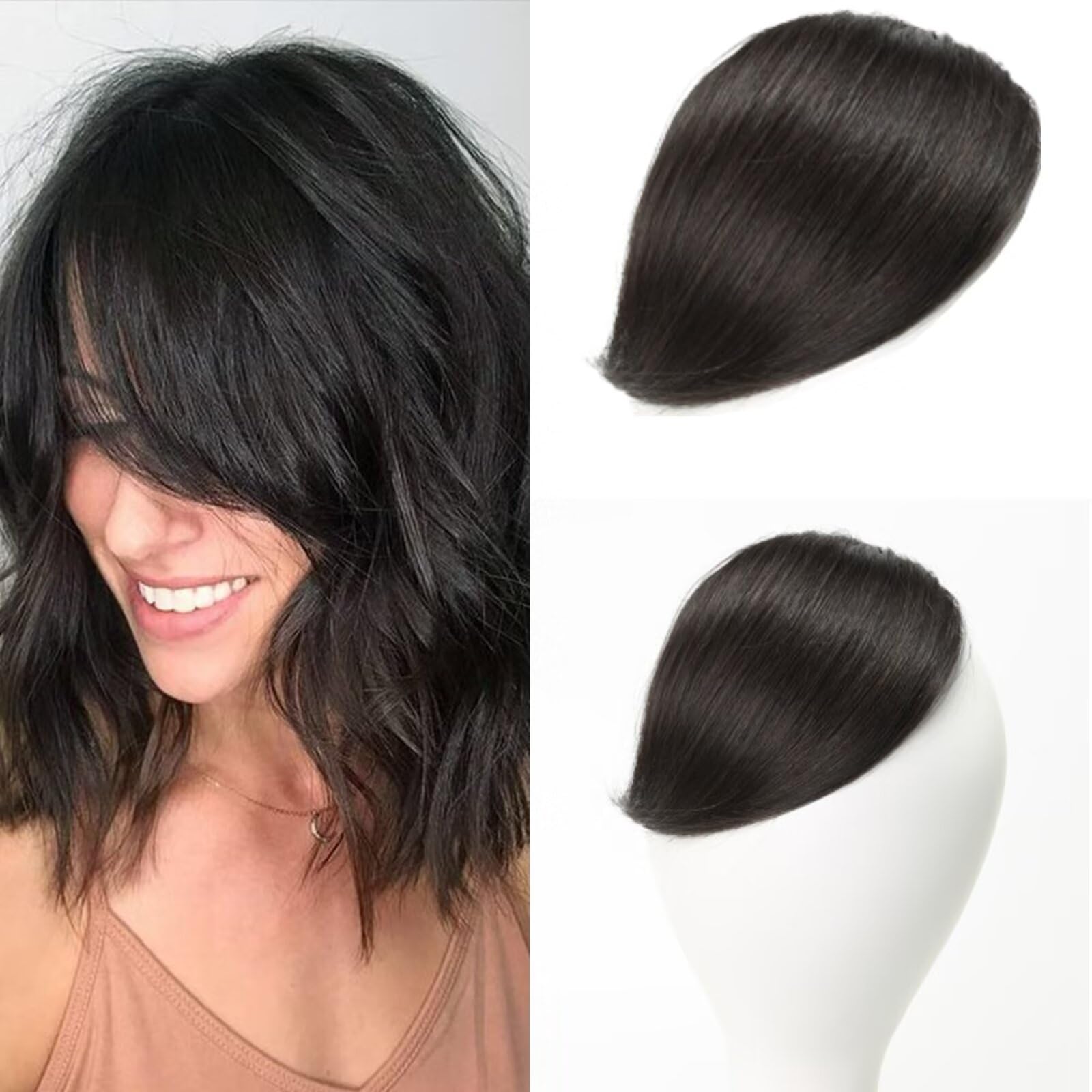 RUNRAYAY Thick Side Bangs Clip in Bangs Real Human Hair Bang Fringe Swept Bangs Extensions Clip on Bangs Fashion Natural Look Hairpiece for Girls, Nature Black