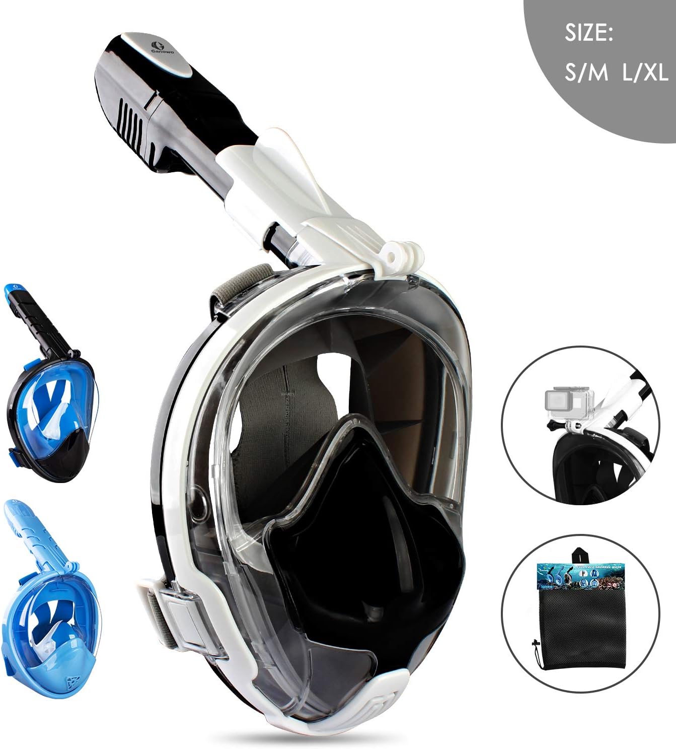 Ganowo Full Face Snorkeling Diving Mask - 180ยฐ Panoramic Snorkeling Mask with Camera Mount, Anti-Leak & Anti-Fog
