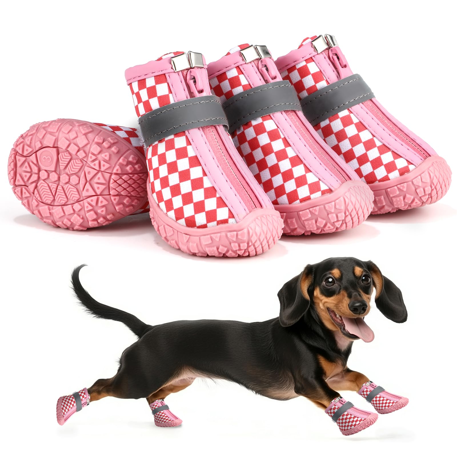 Photo 1 of Petanims Small Dog Shoes, Waterproof Puppy Boots & Paw Protectors for Winter Snow, Summer Hot Pavement, Dog Booties with Anti-Slip Rubber Soles for Hardwood Floors Red & White Size 3