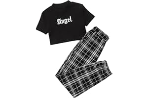 SOLY HUX Girl's Letter Print Short Sleeve Tee Top and Plaid Pants Set 2 Piece Outfits