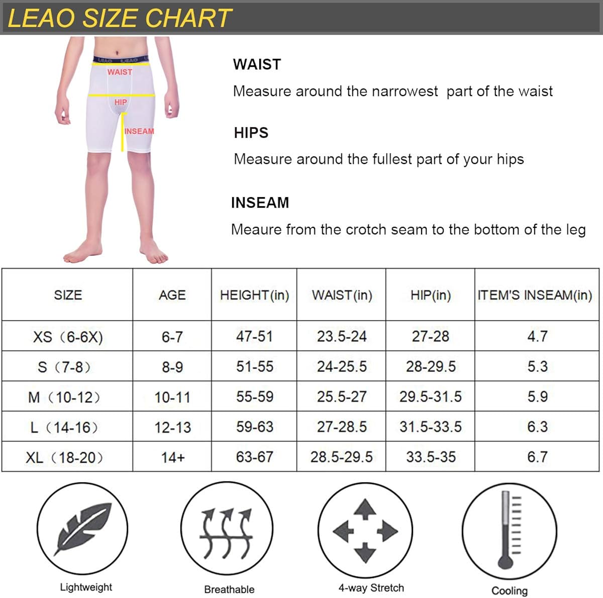LEAO Youth Boys Compression Shorts 2-Pack Performance Athletic Underwear Sports Boxer Briefs: Clothing