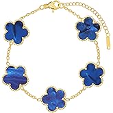 BAREEK Four Leaf Clover Bracelet for Women 18K Gold Plated Stainless Steel Lucky 4 Leaf Chain Link Adjustable Bracelets Jewelry Gift for Women/White/Black Bracelets (Gold Clover Bracelet/White)