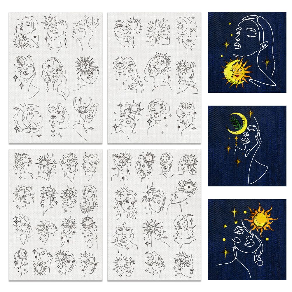 BENECREAT 4 Sheet 47 Pcs Water Soluble Stabilizer Embroidery Pattern, Moon Stars Sun Phase Pattern Hand Sewing Stabilizers, Stick and Stitch Embroidery Paper for Hats Gloves Clothes