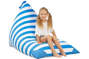 Aubliss Stuffed Animal Storage Bean Bag Chairs Cover, 50"x 35" Extra Large Bean Bags Chair for Kids & Adults, Beanbag Toy Storage for Boys Girls - Premium Cotton Canvas Blue Stripe