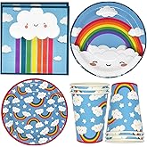 Gift Boutique 122 Pcs Rainbow Cloud Party Supplies Set Paper Plate Cup Napkin for Colorful Multi Colored Sky Clouds Birthday Disposable Dinnerware Serves 24