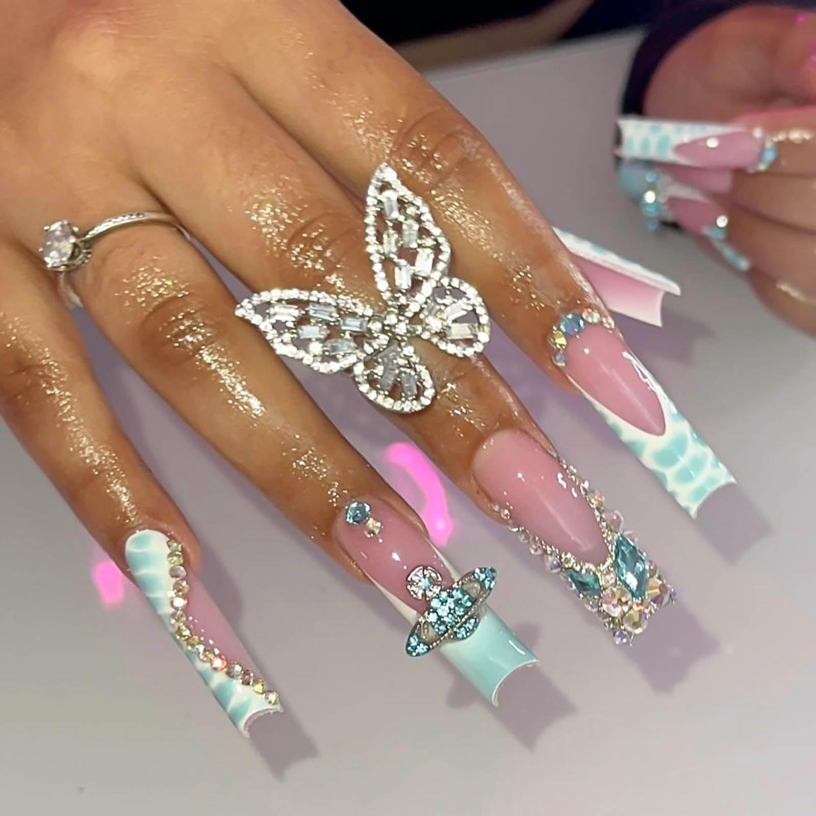 Photo 1 of RUOKEXIN Long Square Press on Nails French Tip Fake Nails Blue Ombre False Nails with Rhinestones Designs Long Square Nail Press ons Glitter Glue on Nails Cute Stick on Nails for Women 24Pcs