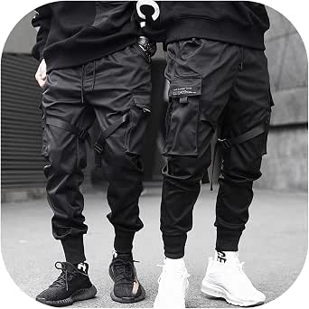 Amazon.com: V-A-O-L Pantalones de carga con bolsillos negros para hombre,  con cintas, para Harajuku : Ropa, Zapatos y Joyería