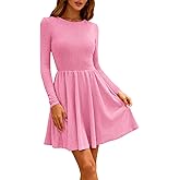 Zenlonr Women's Fall Dresses 2025 Casual Long Sleeve Ribbed Knit Crewneck Short Dress Flowy A-Line Party Dresses