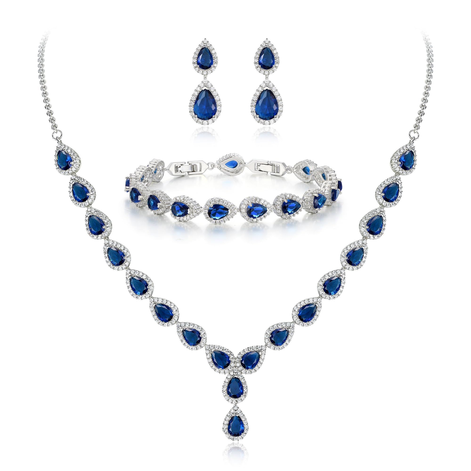 Clearine Women's Wedding Bridal Teardrop CZ Infinity Figure 8 Y-Necklace Tennis Bracelet Dangle Earrings Set Sapphire Color Silver-Tone