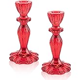 Glass Candle Holders, 2PCS Wide Base Candlestick Holder Decorative Candle Stand Table Centerpieces for Wedding Birthday Halloween Christmas Party, Red