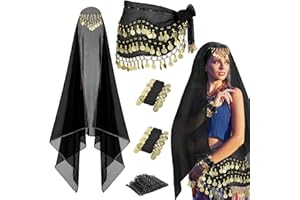 GZJINYUAN 4Pcs Belly Dancer Outfit Sets, Chiffon Head Scarf,Belly Dance Hip Scarf, 2 Coin Wrist Bracelets, 50 Bobby Pins