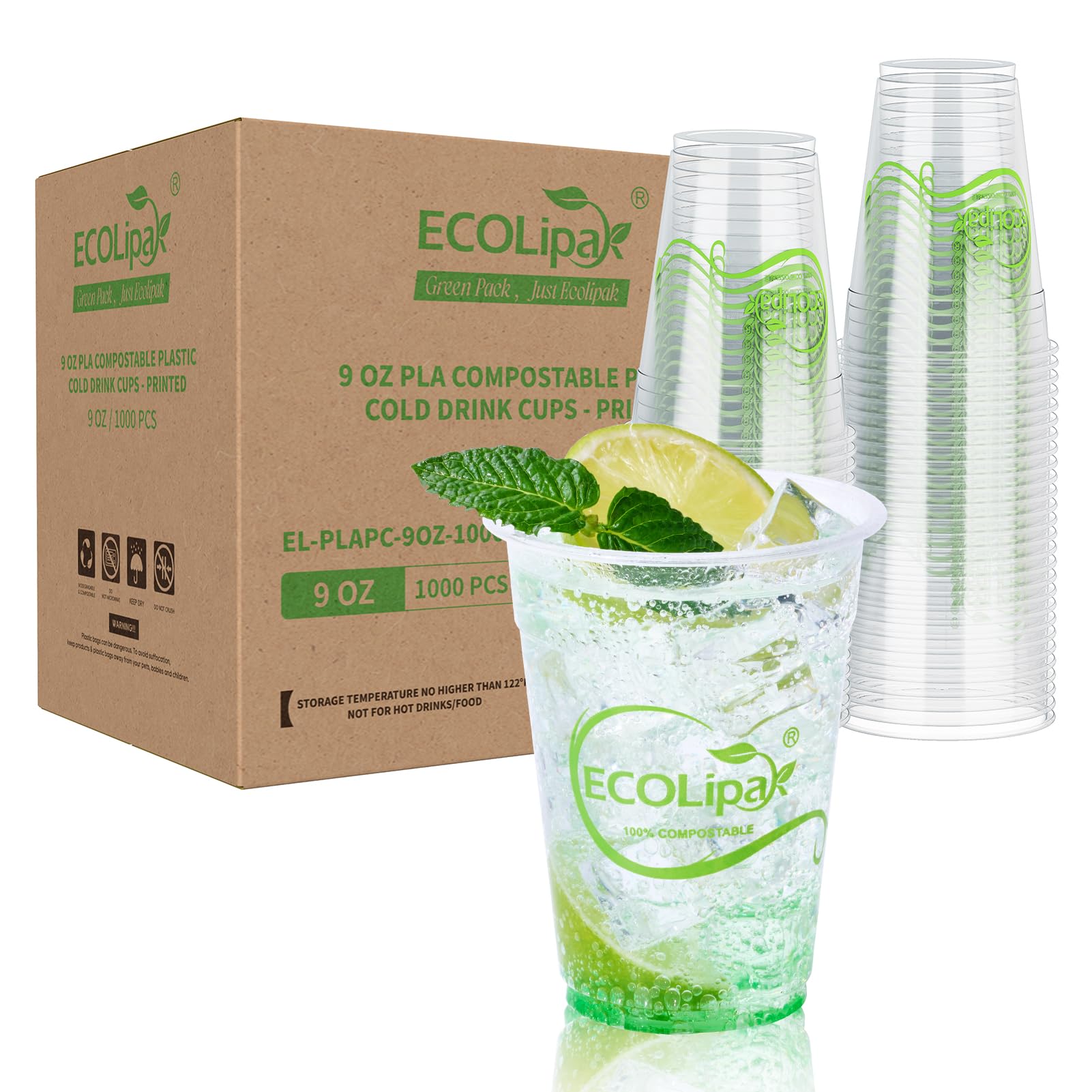 Photo 1 of ECOLipak 1000 Count 9 OZ Clear Compostable Plastic Cups, Disposable Plant-Based Biodegradable Drinking Party Cups, PLA Plastic Cold Tumblers for Restaurant, Office, Canteen, Large Gathering