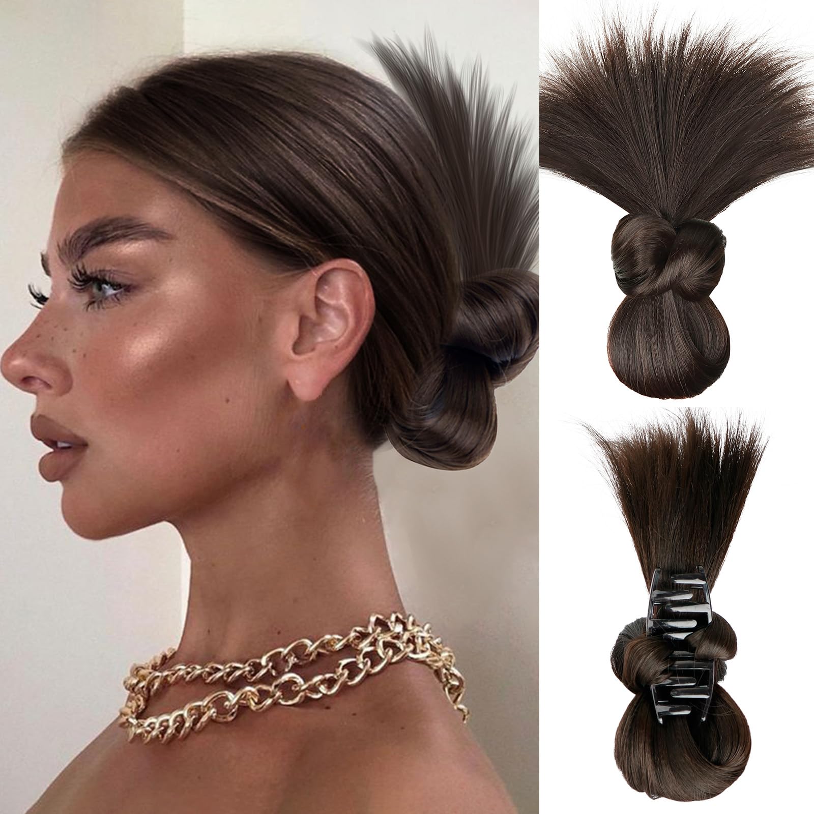 Photo 1 of SUKRI Messy Bun Hair Piece Dark Brown Claw Clip in Staight Hair Bun Short Ponytail Extension Synthetic Sick Back Bun for Women Daily Party Use