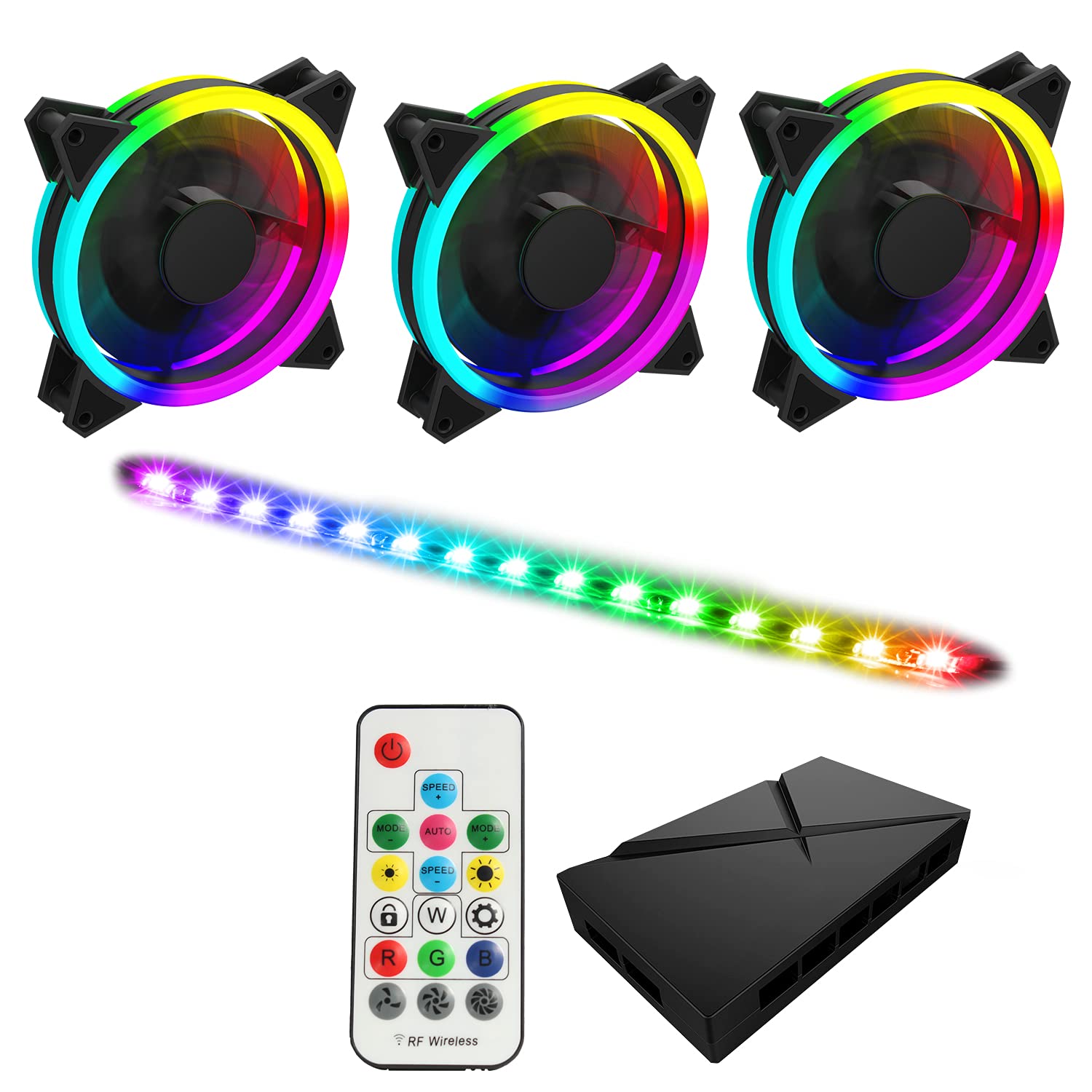 Game Max Addressable RGB 3-in-1 Kit with 3 Velocity Fans, 0.3m Viper LED Strip & PWM Fan Hub with RF Remote Control