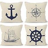 HUYAW Navy Blue Nautical Ocean Boat Anchor Compass Throw Pillow Covers, Sailor Nautical Gifts, Ship Pillow Cases 18 x 18 Inch Home Ship Sofa Decor Set of 4