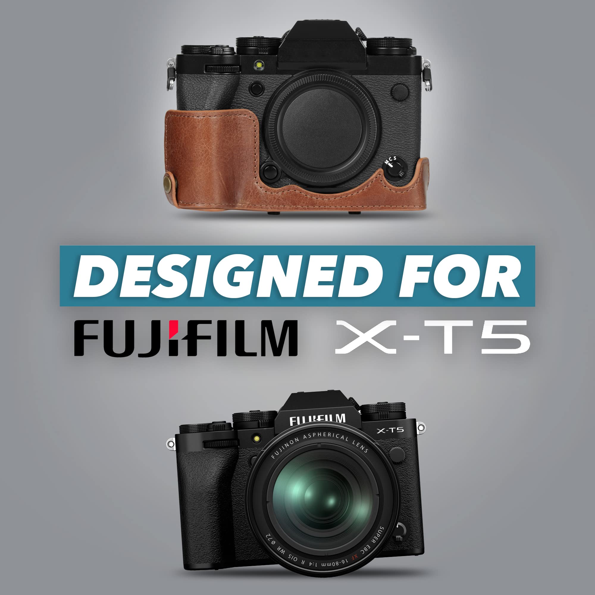 MegaGear Ever Ready Genuine Leather Camera Case Compatible with Fujifilm X-T5 (16-80mm)(Brown)