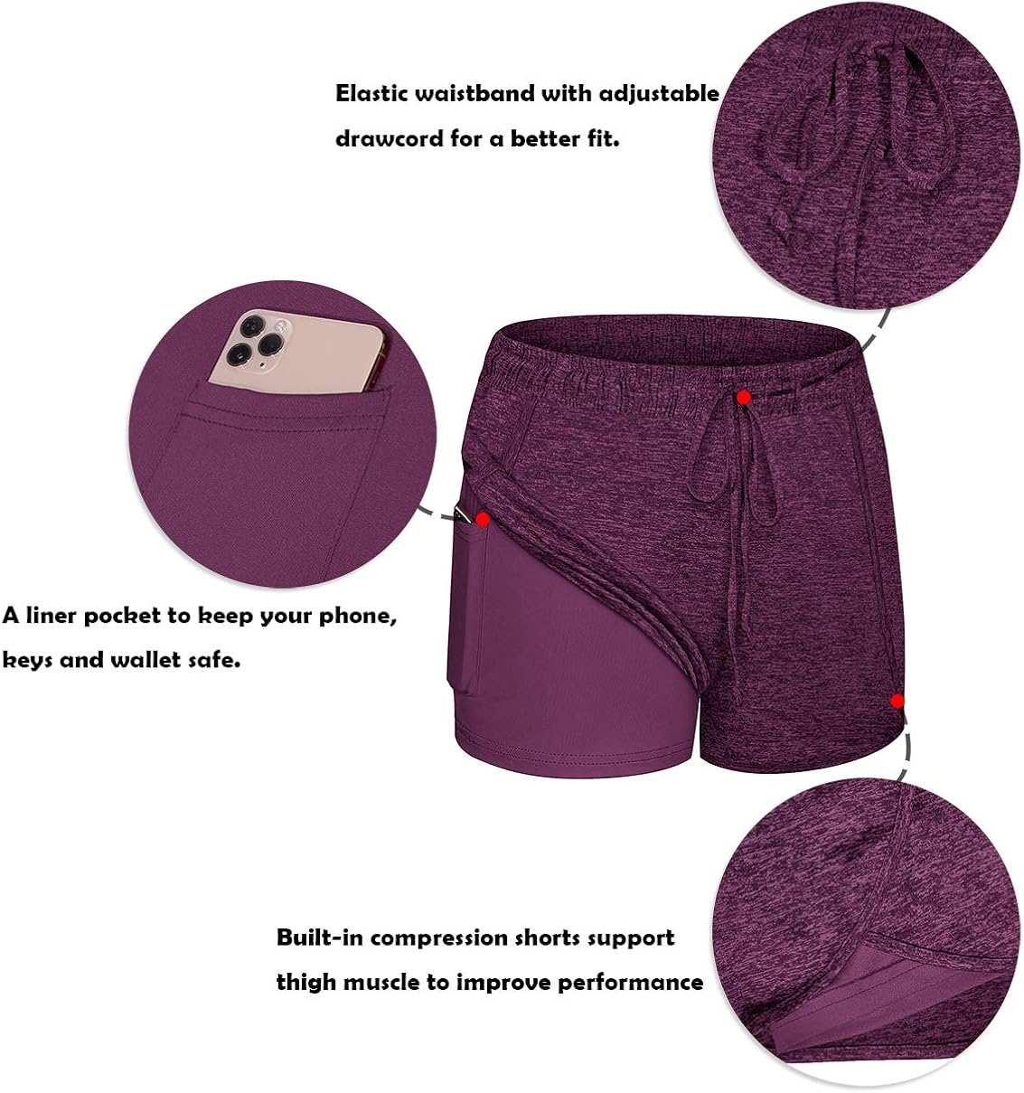 Blevonh Women Yoga Running Shorts 2 in 1 Workout Athletic Shorts with Pockets S-3XL: Clothing