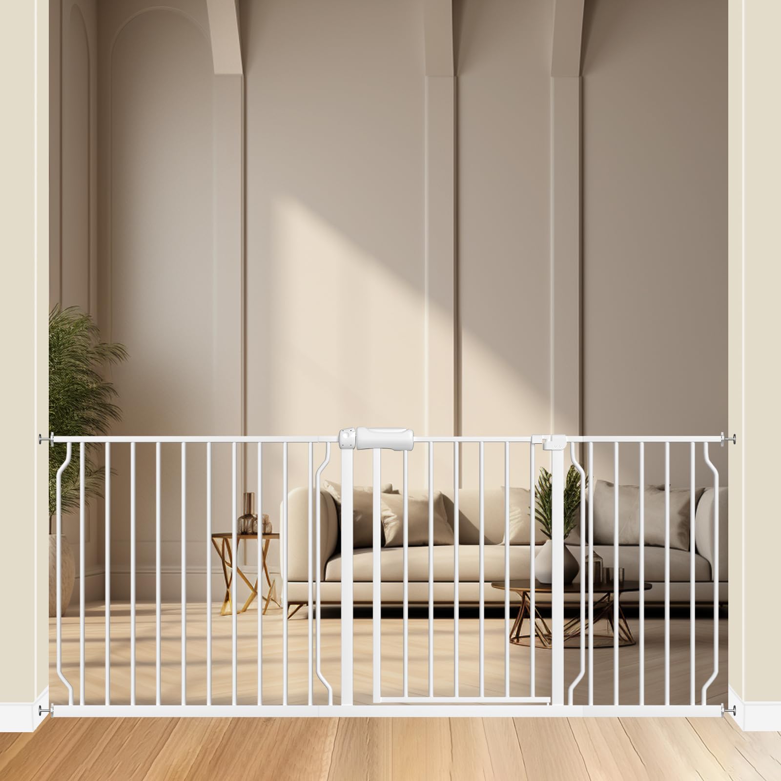 ALLAIBB Extra Wide Pressure Mounted Baby Gate Walk Through Child Kids Safety Toddler Tension White Long Large Pet Dog Gates with Extension for doorways Kitchen and Living Room (71.65-76.38"/182-194cm) Image