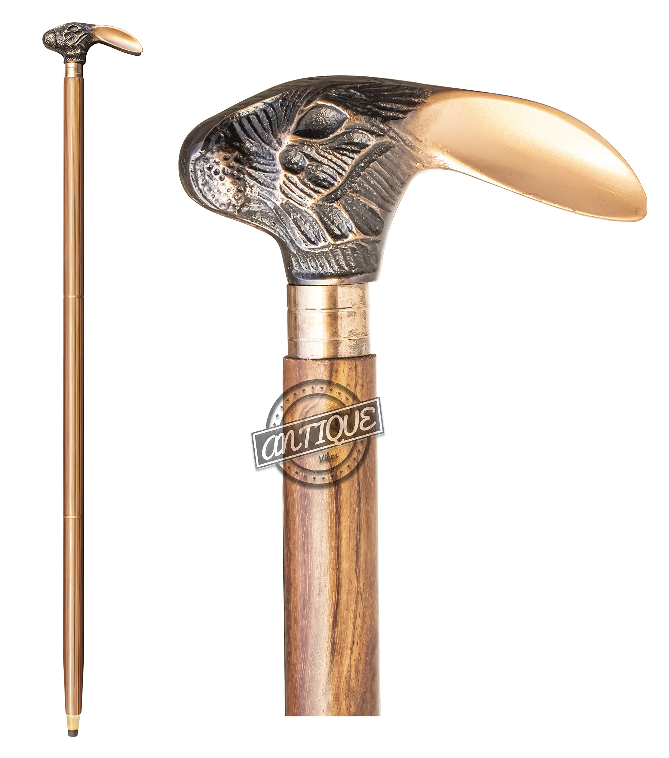 Antique Brass Walking Cane Stick with Unique Rabbit Head Handle Vintage Brown Wooden Cane Gift For Women Men (Antique-Rabbit)