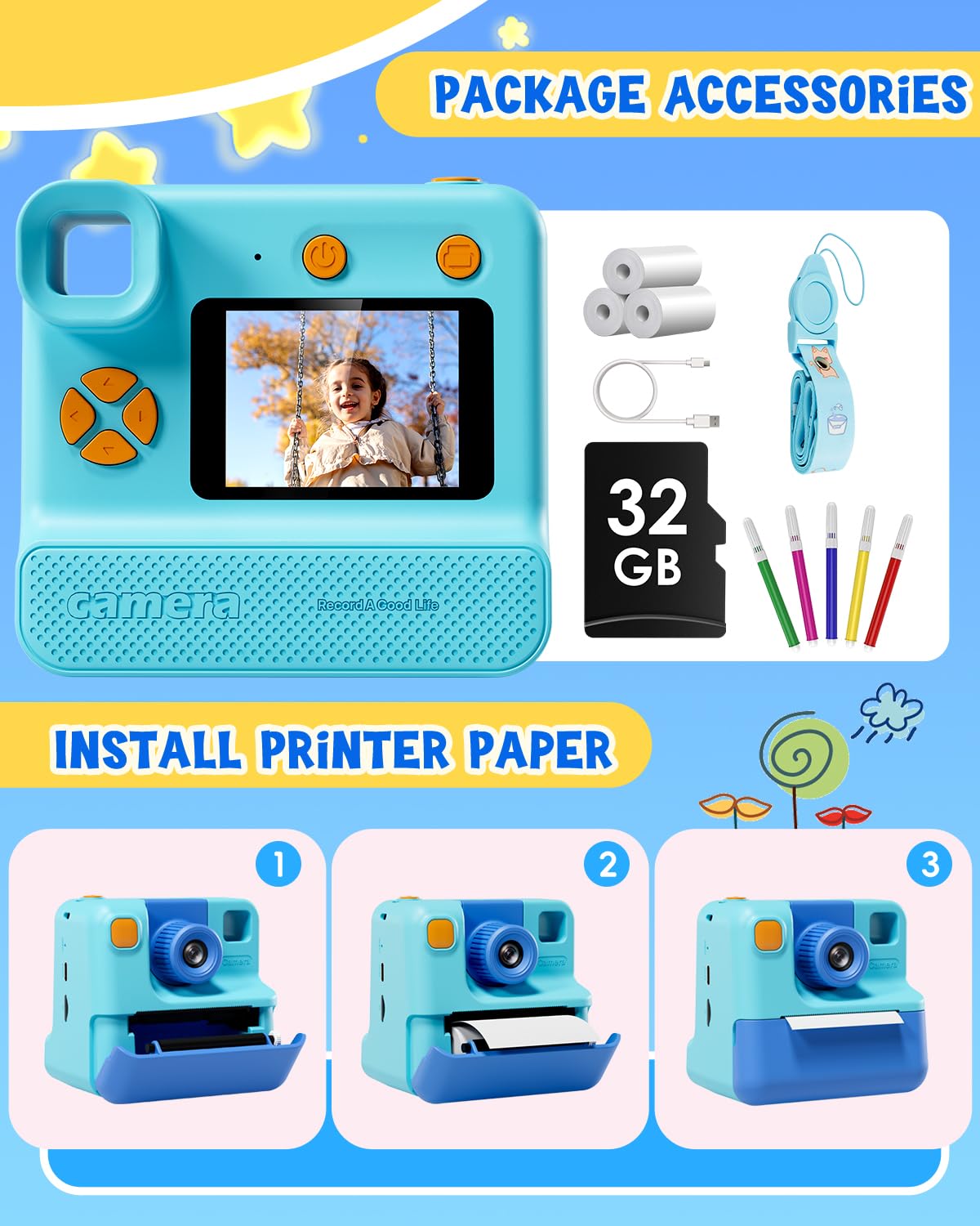 Kids Camera Instant Print, LETSHAHA Christmas Birthday Gifts for Toddler Girls Boys Age 3-12, 24MP & 1080P Selfie Digital Camera with 3 Roll No-Ink Print Paper 32GB SD Card - Blue