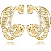 Lamdesa 14K Gold Hoop Earrings for Women Gold Earrings for Women Studs with Cubic Zirconia Sleek Polished Surface and Serrated Texture Cute Stud Earring for Womens Trending Hoop Earring