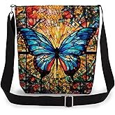 LiuenMgg Stained Glass Butterfly Print Canvas Crossbody Bag, Adjustable Strap Lightweight Purse with Top Zipper & Inner Pocket, Daily Shoulder Bag Gift for Women -2