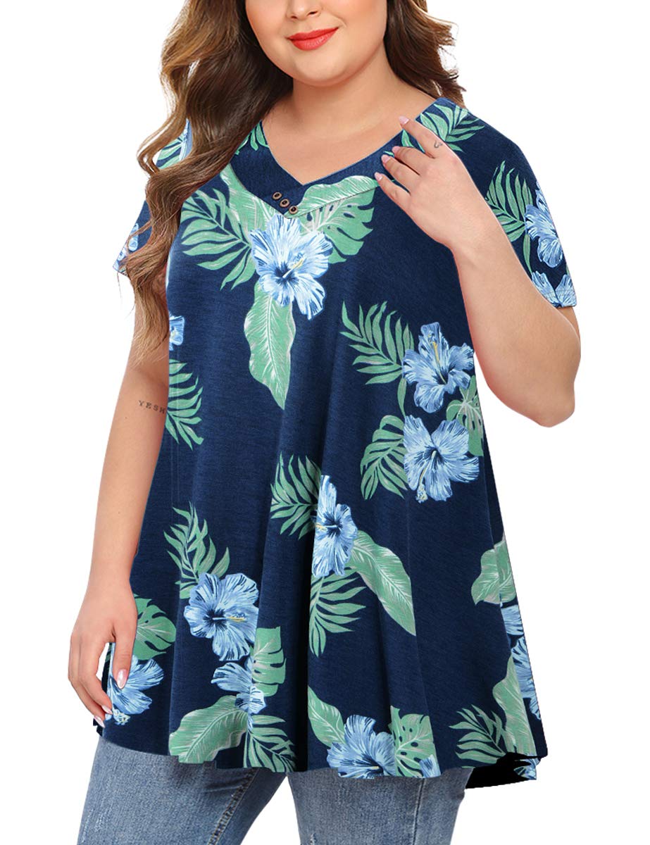 MONNURO Women's Plus Size Short Sleeve Tunic Tops V Neck Button Summer ...