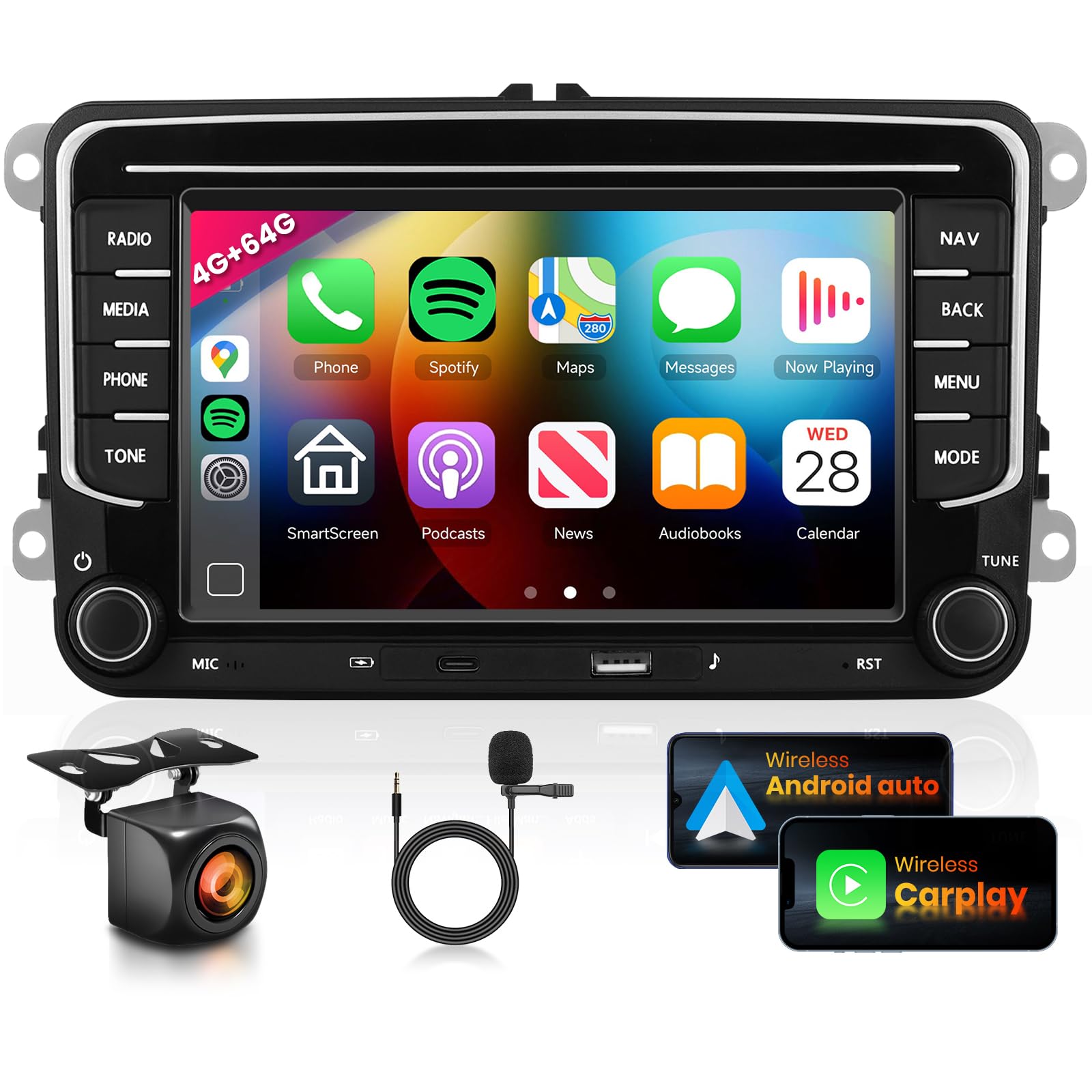 Photo 1 of 4G 64G Car Stereo for VW Passat Jetta Golf Touran Seat Golf Radio, Type-C/USB Wireless Carplay Android Auto 7" IPS Touch Screen 36EQ DSP Bluetooth 5.0 Android 15 GPS WiFi FM/RDS AHD Camera