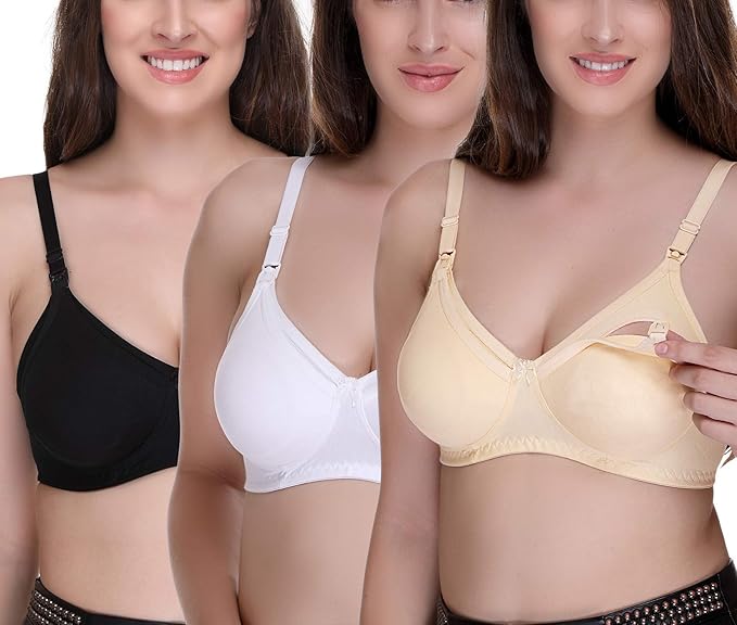 Women's Feeding Bra Full Cup Hosiery Cotton Breastfeeding Nursing Maternity (Multicoloured) Combo Pack of 3