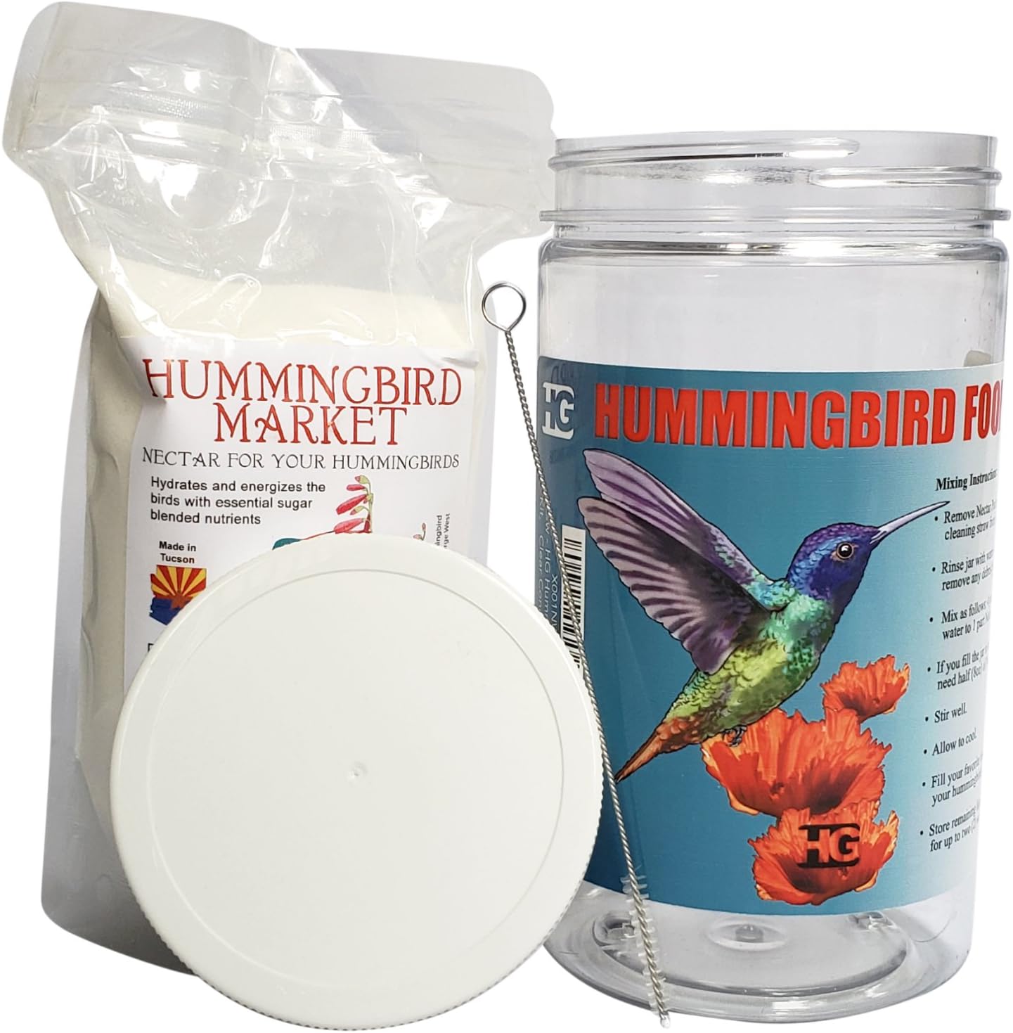 Happy Gross HG Hummingbird Nectar Kit, Clear Concentrate Hummingbird Food In A One Pound Bag, 32 Ounce Food Grade Bottle, And Hummingbird Feeder Brush Cleaner. All Natural Safe Hummingbird Nectar