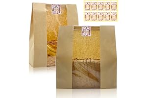 HiCivan 15.7x10.2x5.1in Extra Large Paper Bread Bags for Homemade Bread with Window&Sticker for Supersized Sourdough Bread, Oversized Bread Loaf, Baked Goods, Packaging for Gifting-Brown Kraft 50Pcs
