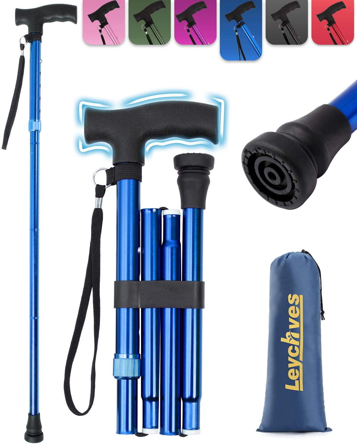 Walking Stick for Women, Adjustable Folding Walking Sticks for 5.2FT-6.1FT Ladies, 5-Section Different Size Collapsible Cane for Elderly