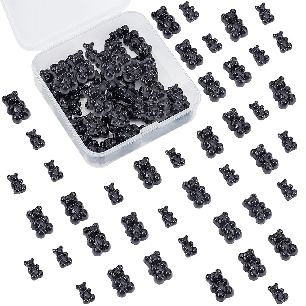 SUNNYCLUE 1 Box 60Pcs 2 Styles Bear Cabochon Gummy Candy Sweet Bears Flatbacks Resin Kawaii Animal Beads Cartoon Slime Charms for Jewelry Making Nails Art Scrapbooking Supplies, Black