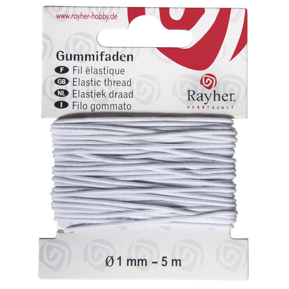 Rayher Elastic Cord for Jewellery Making, Sewing and Crafting, Beading Thread with a Diameter of 1 mm, Length 5 m, White, 8908902