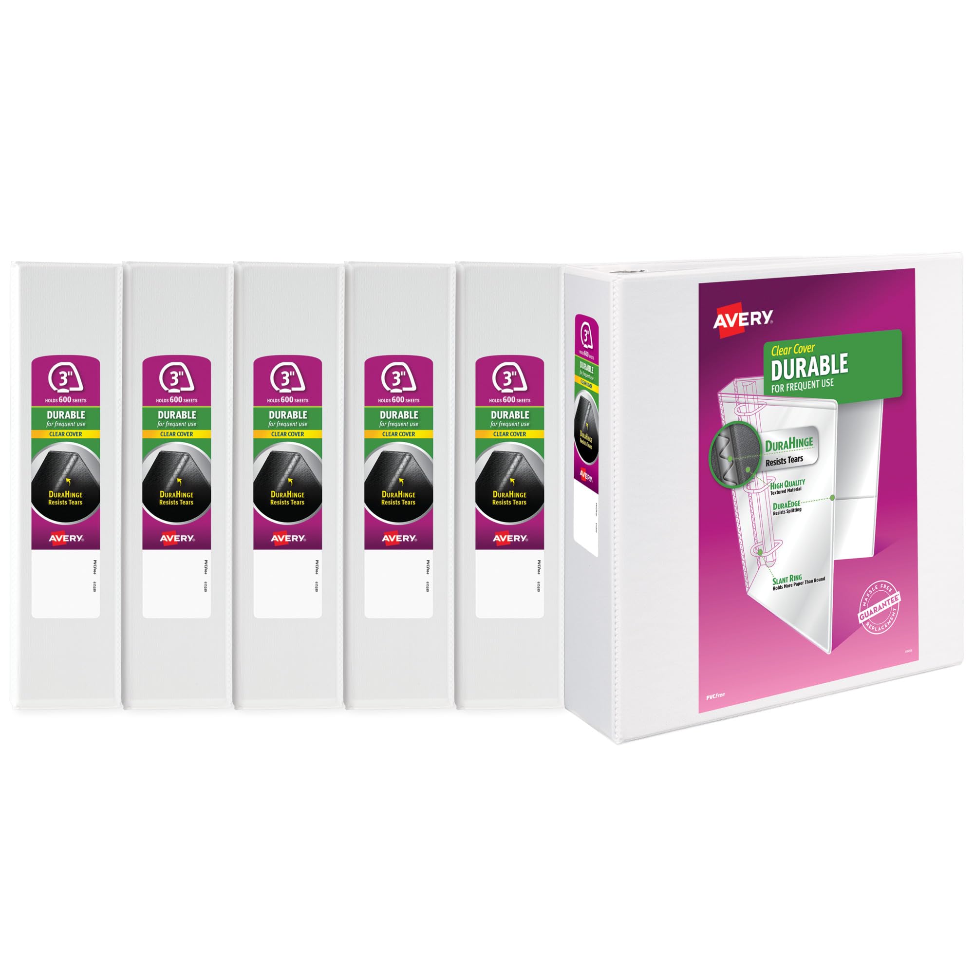Avery 3 Ring Binder 3 Inch Slant Rings Durable View, White Binder for Home, Office, or School Use, 6 Pack (17042)