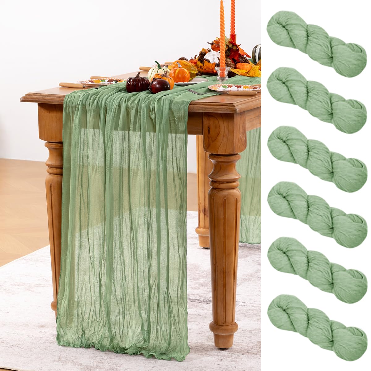 Photo 1 of ***(USED -SELLING AS IS)*** DeZerlor Sage Green Cheesecloth Table Runner 6 Pack Fall Table Runners Boho Gauze 120 Inches Sage Cheese Cloth Fall Table Decorations for Thanksgiving Wedding Bridal Baby Shower Tea Party