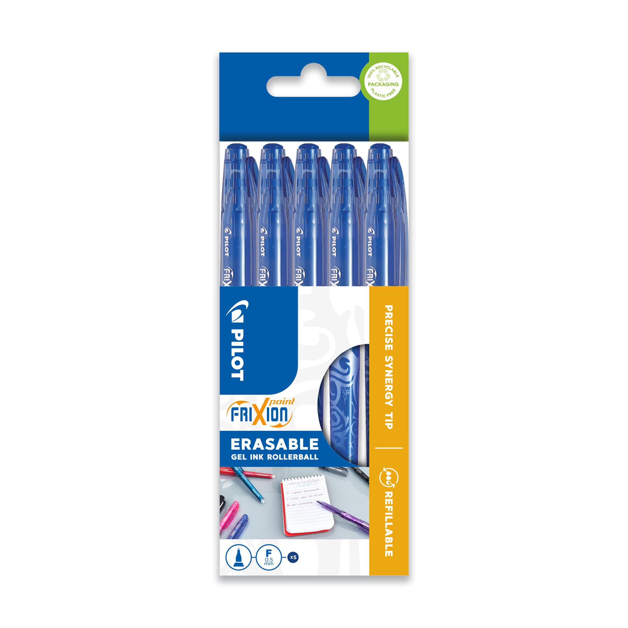 Pilot Frixion Point Erasable Rollerball 0.5 mm Tip - Blue, Pack of 5, BLFRP5 W3 L