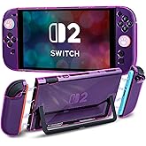 DLseego Protective Hard Case for Nintendo Switch 2 2025, Soft Grip Cover for Joy Con,Detachable JoyCon Controller Shockproof & Scratch-Resistant Console Shell, 4 Love Thumb Grips,Transparent- Purple