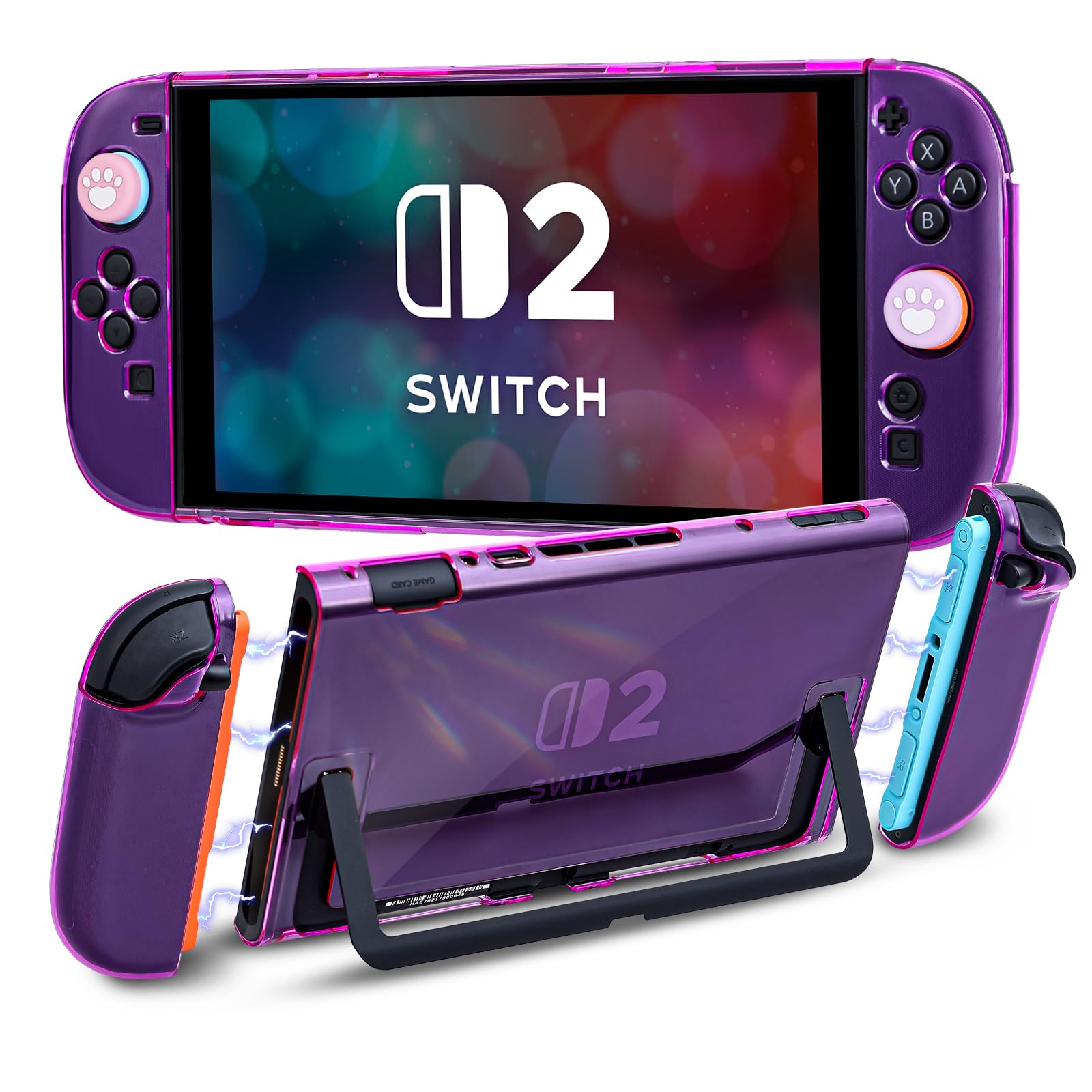 Photo 1 of DLseego Protective Hard Case for Nintendo Switch 2 2025, Soft Grip Cover for Joy Con,Detachable JoyCon Controller Shockproof & Scratch-Resistant Console Shell, 4 Love Thumb Grips,Transparent- Purple