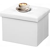 AmasSmile Storage Ottoman Folding Foot Rest Stool, Leather Footstool Bench, Short Ottoman Stool, Storage Foot Rest Store, Books (White, 17" D x 13" W x 13" H)