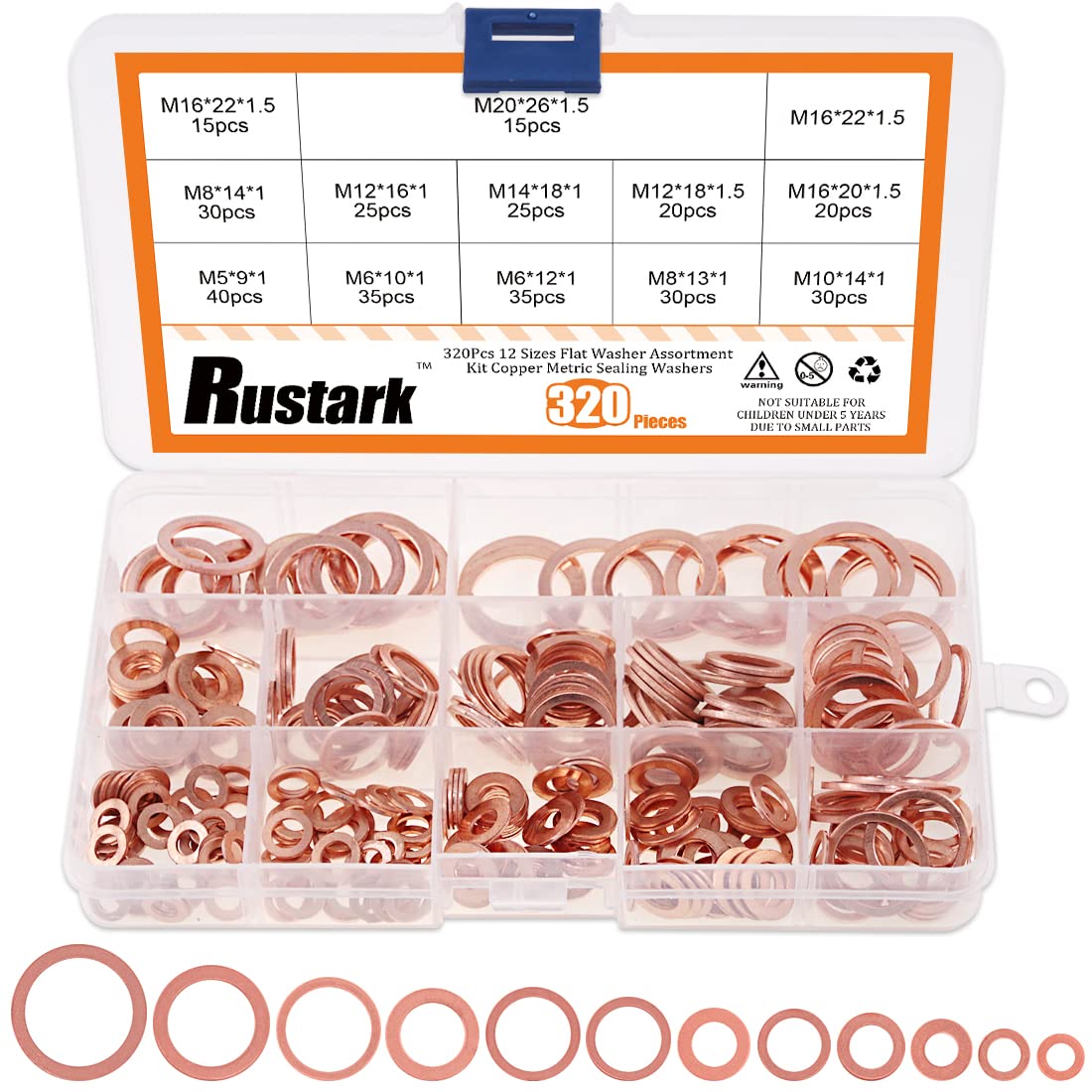 Rustark 320 Pcs Copper Flat Washers Assortment Kit Metric Sealing Washers M5 M6 M8 M10 M12 M14 M16 M20（12 Sizes）