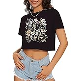 Women's Vintage Floral Crop Top Boho Wildflower Graphic Tees for Women Loose Crop Shirt