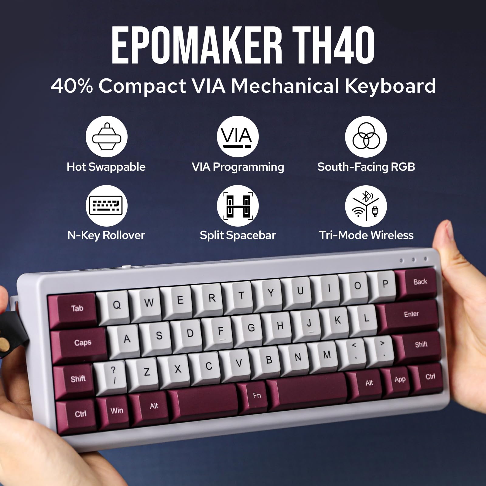EPOMAKER TH40 40% Array QMK/VIA Wireless Mechanical Keyboard with Hot Swappable Bluetooth/2.4GHz/USB-C Tri-Mode Connection, 44 Key Gasket Mount, RGB Backlight, Certified for Technical Compliance