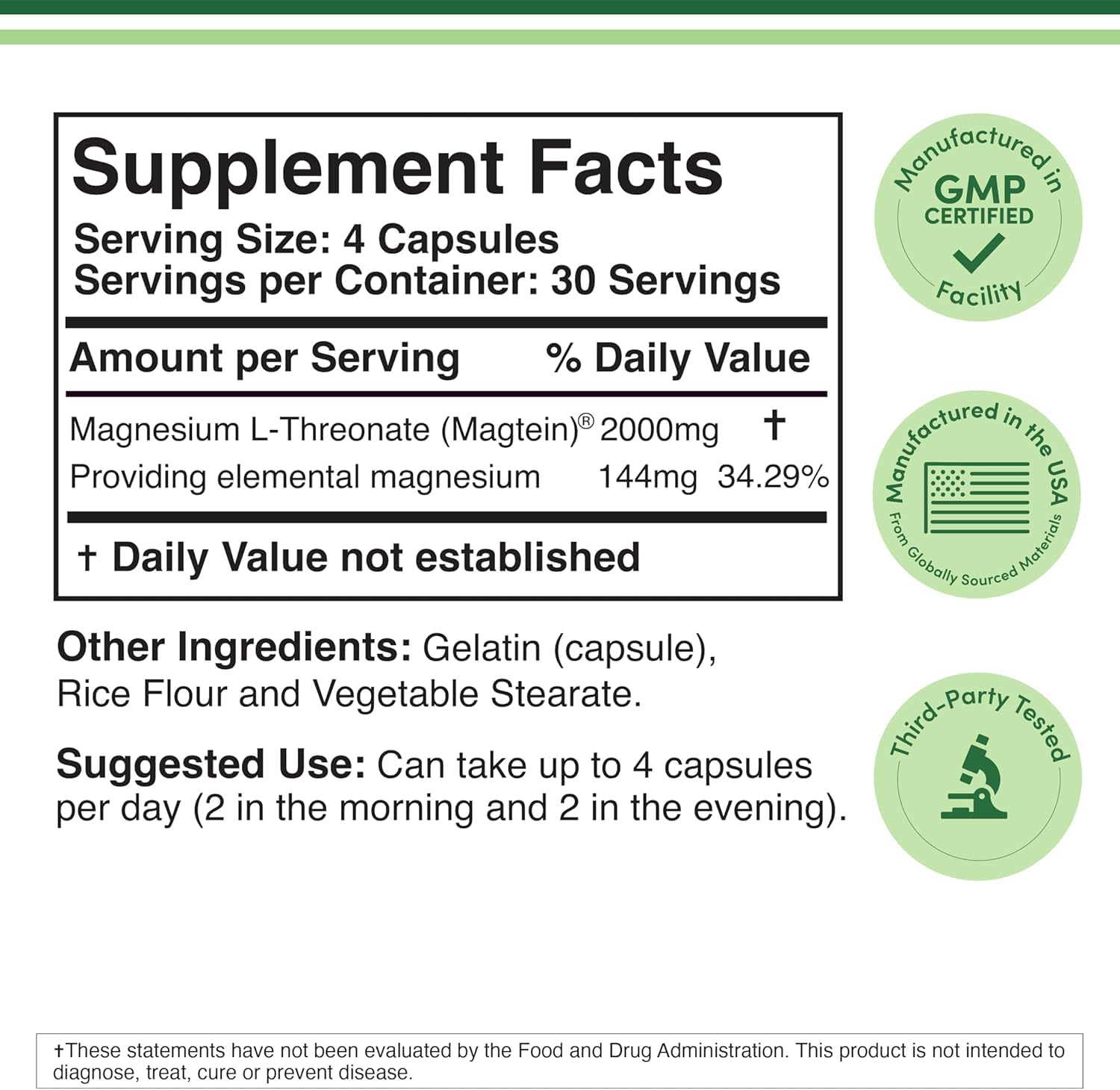Magnesium L Threonate, Magtein, Sleep and Cognitive Support – High Absorption – Most Bioavailable Form of Magnesium – 2,000 mg – 120 Capsules