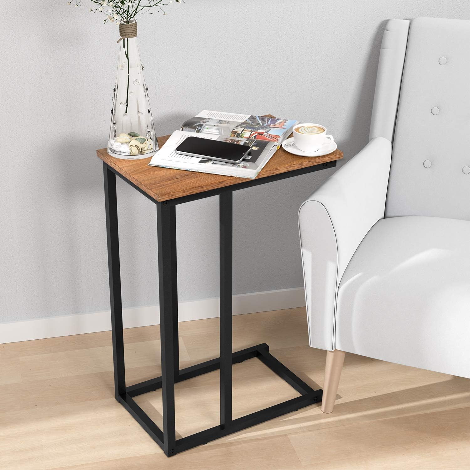 End Table, Durable Side Table C-Shaped Modern Sofa Table Wood Table Coffee Table Snack Table for Sofa, Couch, Bed in Living Room, Bedroom and Other Small Place, Walnut: Kitchen & Dining