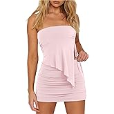 CSDAJIO Women Two Piece Summer Set Club Outfits Drawstring Ruched Side Asymmetrical Tube Top and Bodycon Mini Skirt