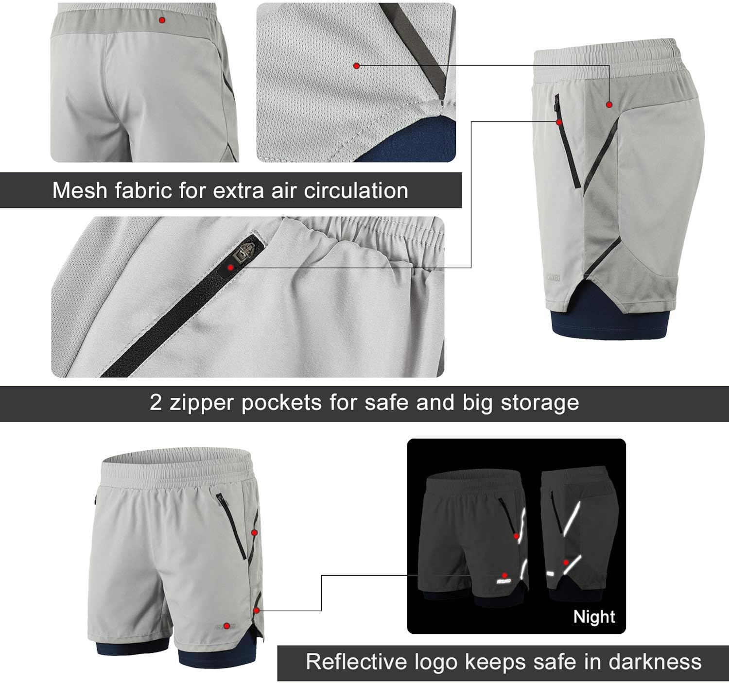 ARSUXEO Men's 2 in 1 Active Running Shorts with 2 Zipper Pockets B191: Clothing